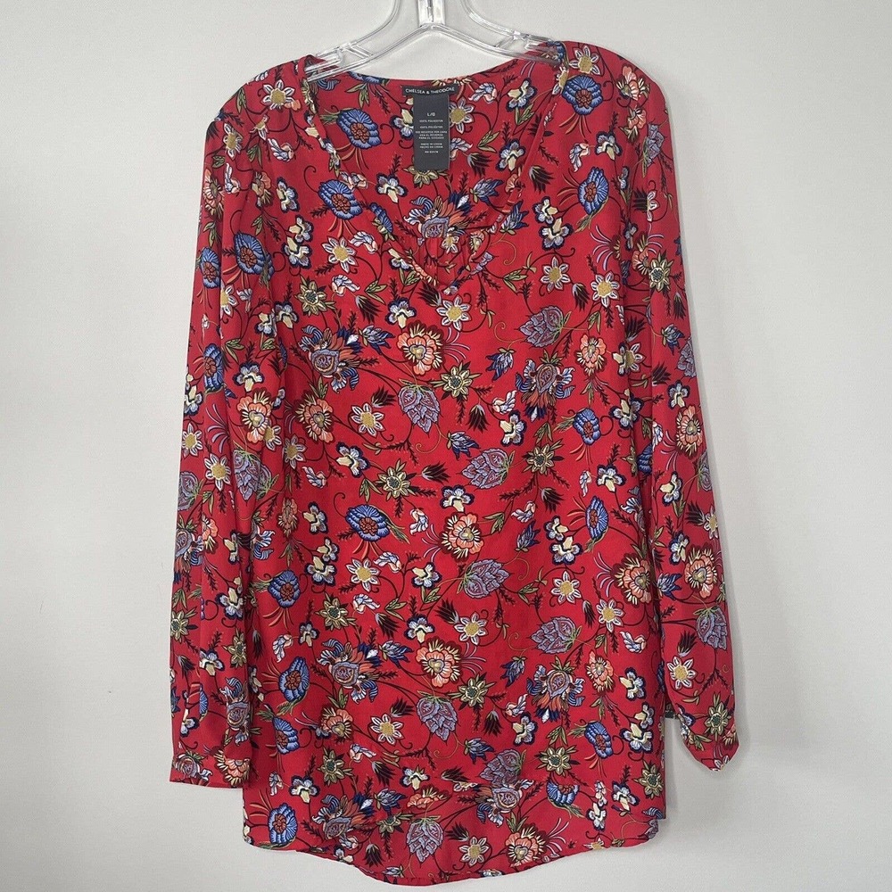 Chelsea & Theodore Top Women's Large Red Floral Print Blouse 2645109 Romantic